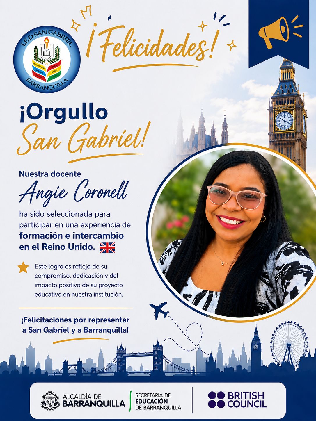 Afiche Oficial de Reconocimiento Beca British Council UK a la Docente Angie Coronell
